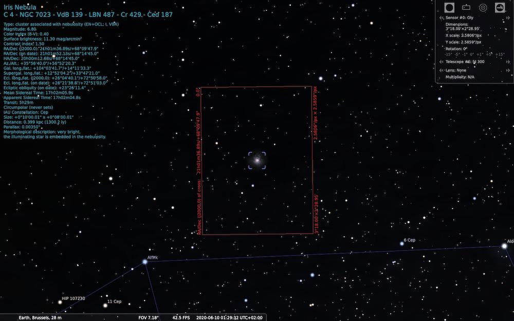 Simulated field of view with Stellarium for planning your shot