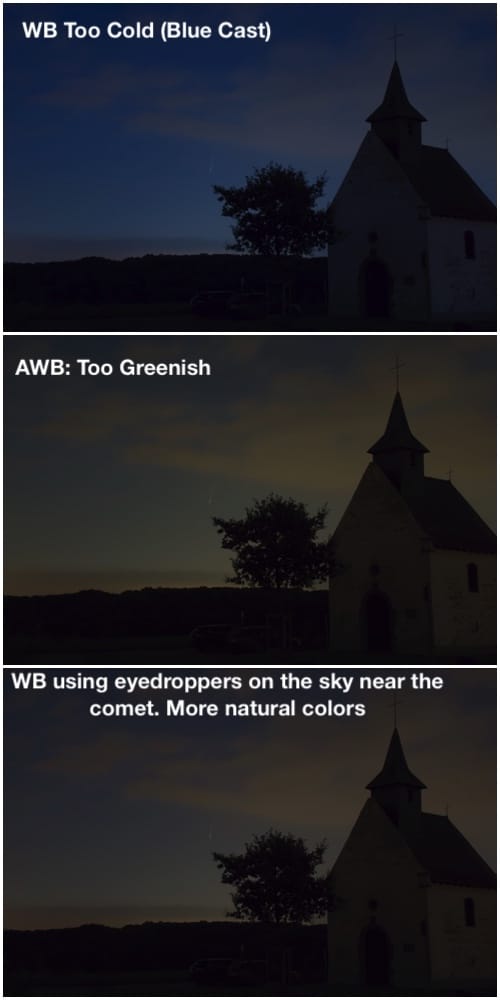 effect of different WB on an image shot of Neowise comet
