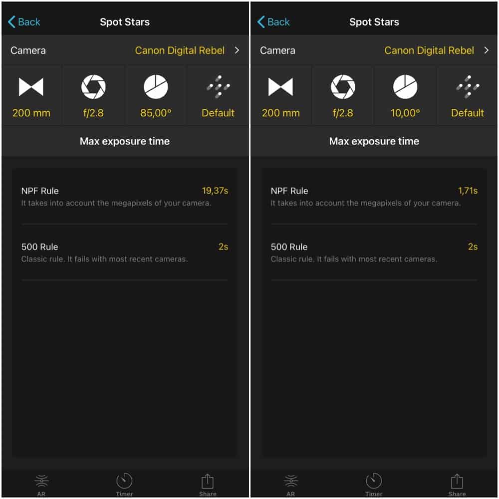 maximum exposure time with the NPF and 500 rules with photopills app