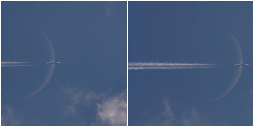 two versions of composition of a plane flying in front of moon