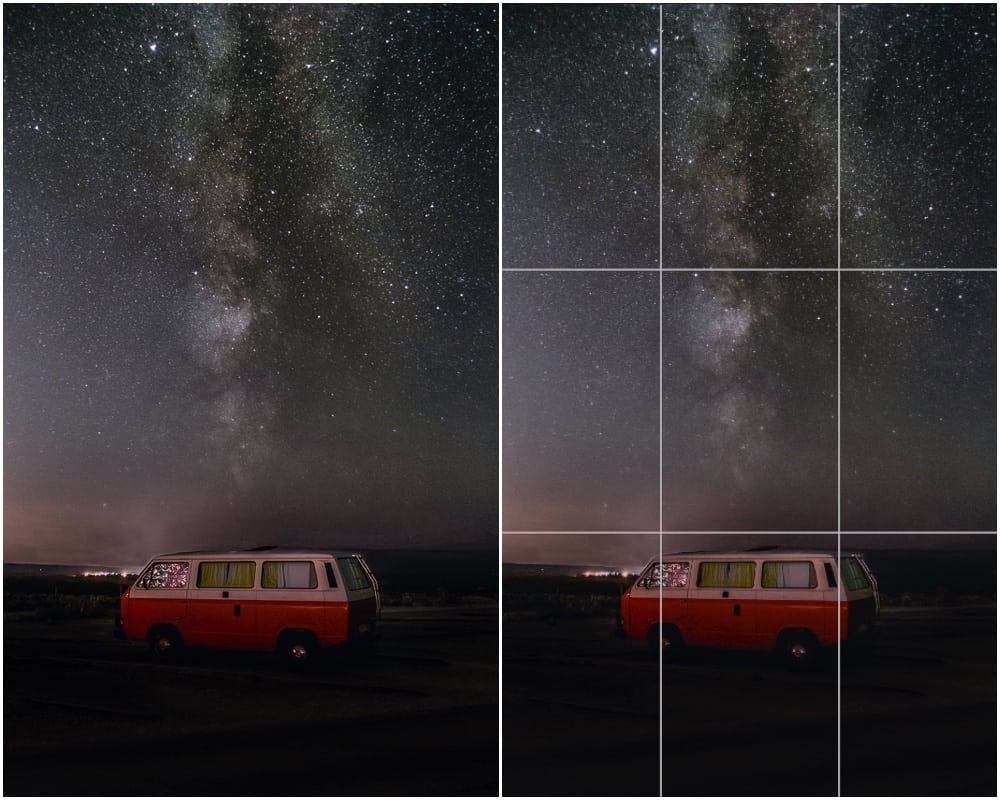 vertical composition the Milky Way and a van