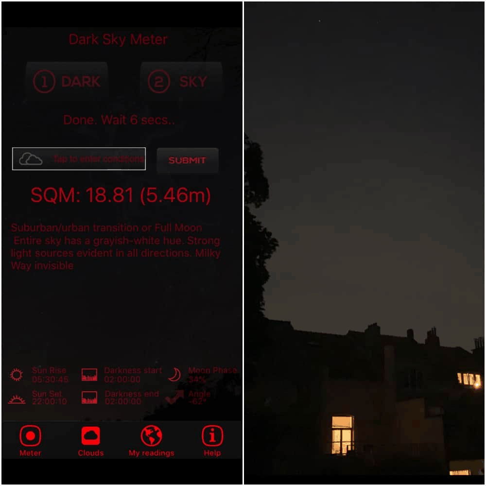 The view of the sky from the city and the Dark Sky Meter measurement