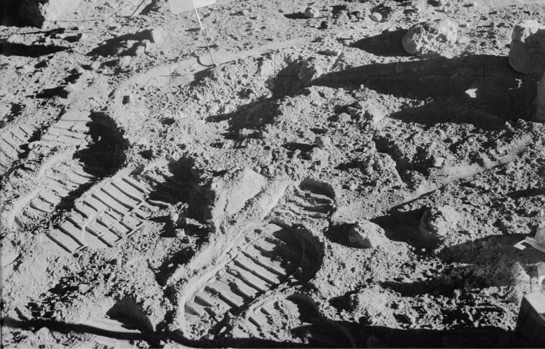 Close-up view of lunar soil and boot prints made by Apollo 14 crew