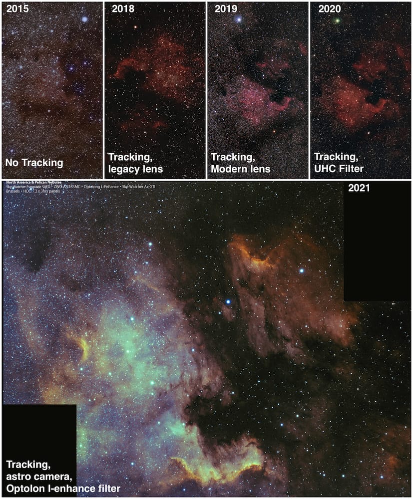A collage showing how my photography on the Pelican and North America nebula has evolved through the years.