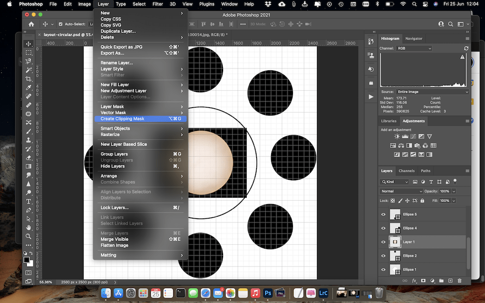 Creating the Clipping Mask for the new image layer using the shape at 12 o’clock.