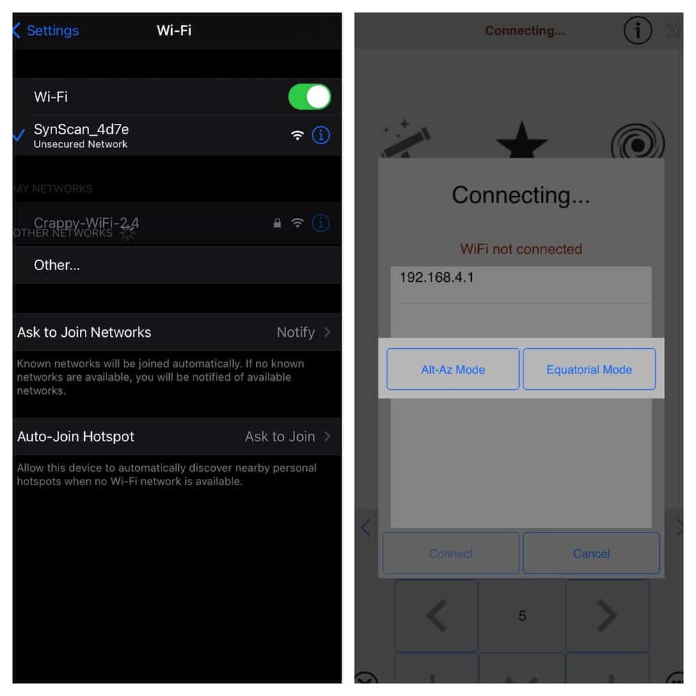 When connecting to the mount, you have to choose the operating mode.