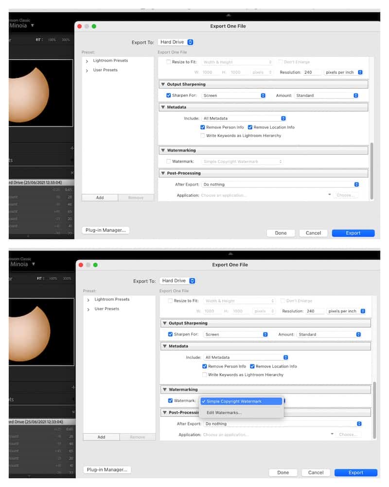You may create, edit, and add a watermark to an image when it is exported from Lightroom.