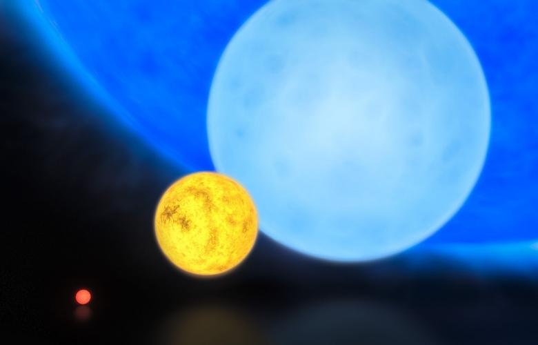 Comparison of the sizes of a red dwarf, the Sun, a B-type main sequence star, and R136a1