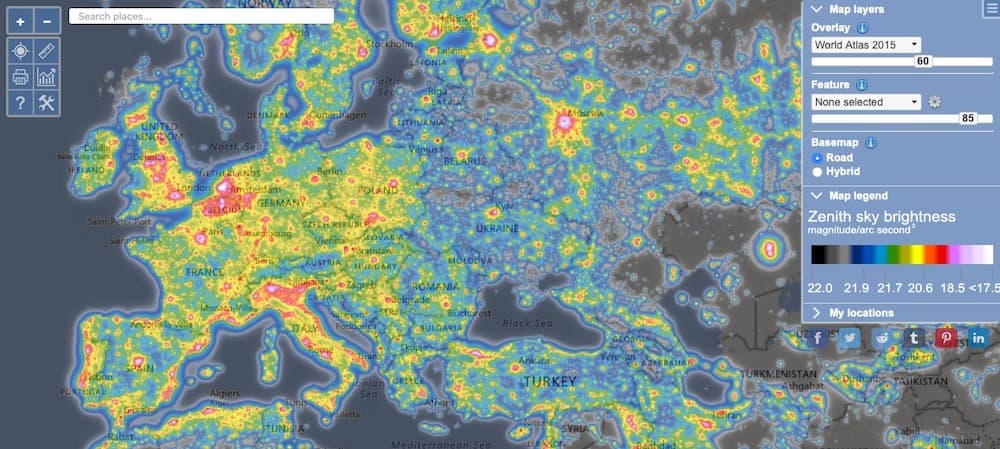 Light pollution map for Europe