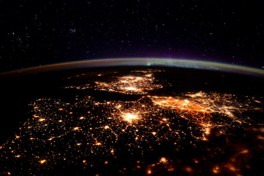 Paris, UK, and Benelux are clearly identifiable in this image of the NW part of Europe taken from space.