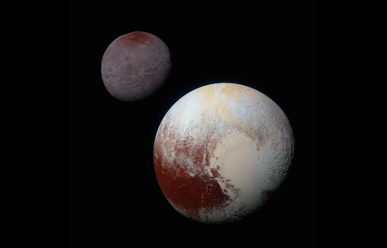 A composite of enhanced color images of Pluto and Charon