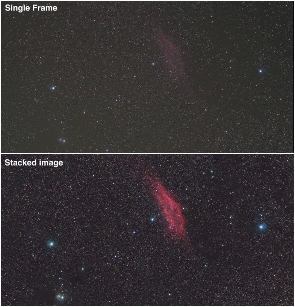 Comparison between the edited single frame and the edited stacked image from 60 frames.