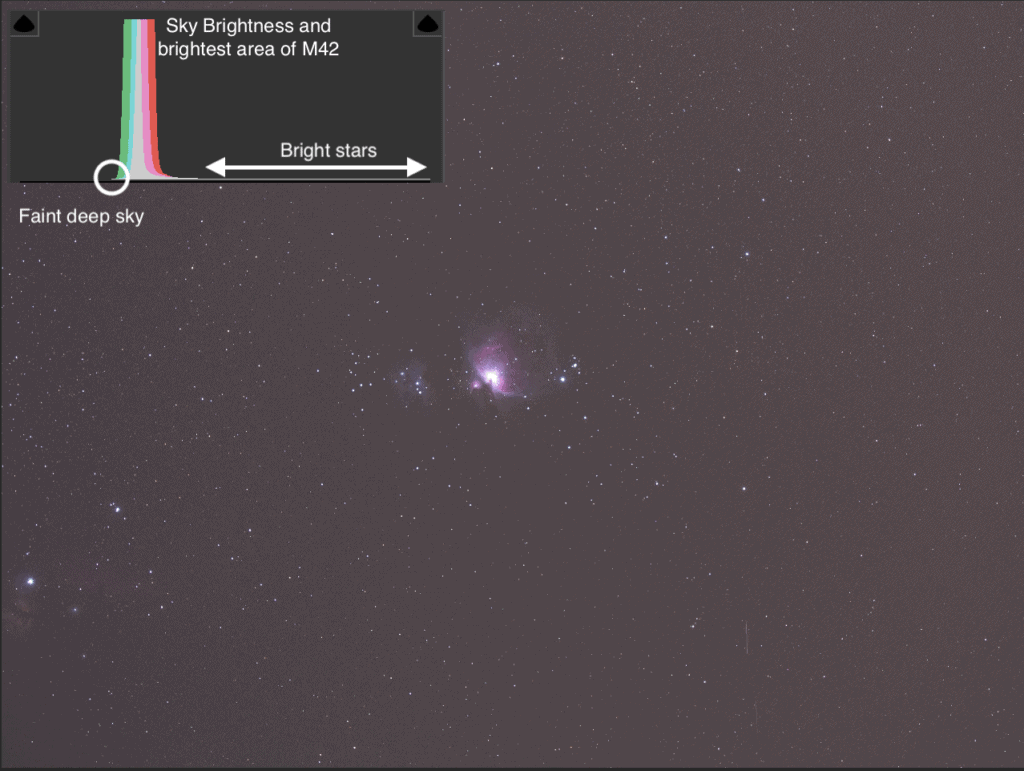 Single shot (60” ISO 800 f2.8) of M42 under Bortle 5 sky and its histogram.