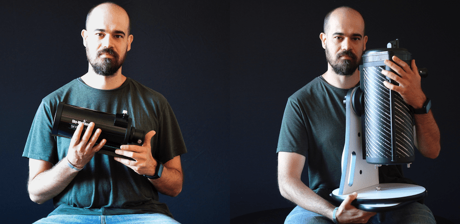 The difference in size between my Sky-Watcher Skymax 901250 Maksutov (left) and the very compact Sky-Watcher Heritage 130650 Flex-Tube Dobson (right)