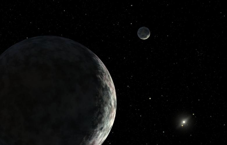 The dwarf planet Eris and its moon Dysnomia as imagined by an artist.