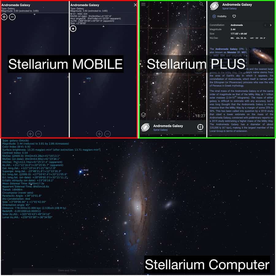 Comparison between image quality and available information for M31 across the different versions of Stellarium.