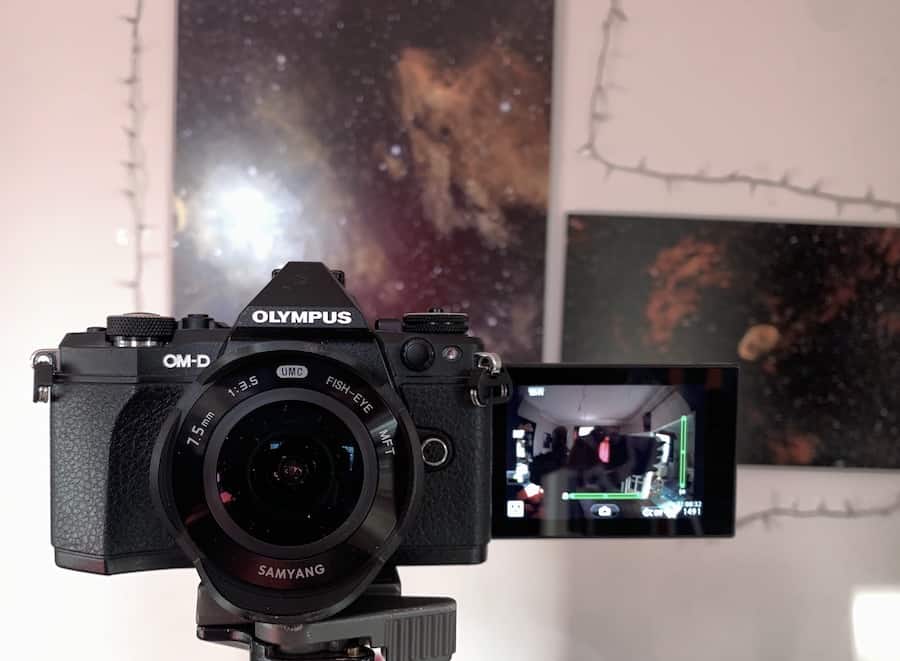 My Olympus OM-D EM-5 Mk ii is a modern mirrorless digital camera with an electronic viewfinder and flipping LCD screen.