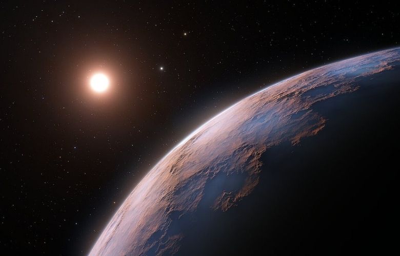 Proxima d, a planet candidate recently discovered orbiting the red dwarf star Proxima Centauri, is depicted in this artist's impression.
