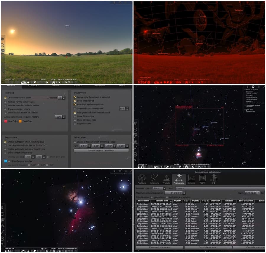 Some screenshots illustrating the main interface, the night mode, the setting window, camera frame, quality of DSO images, and astronomical calculator.