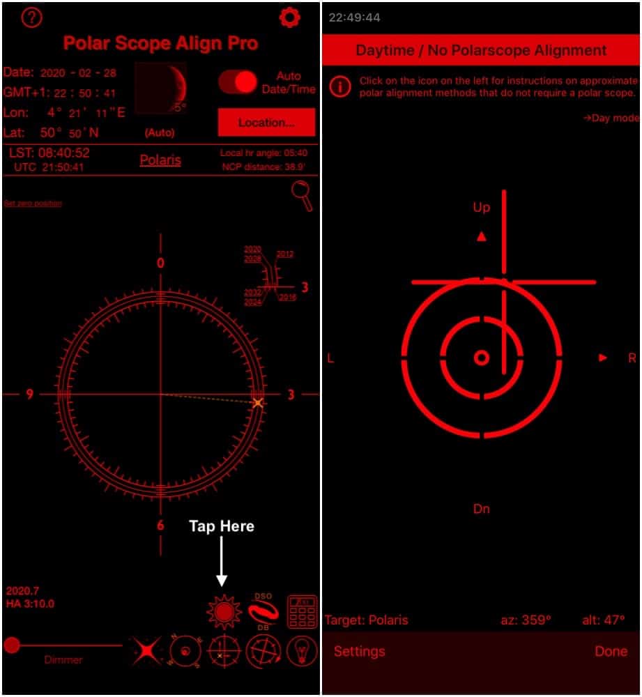 The Daylight Polar Alignment Tool is available only in Polar Scope Align Pro and Polar Scope Align Pro Watch.