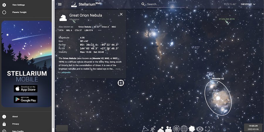 The interface of Stellarium’s web application