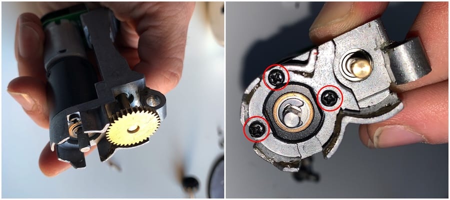 Removing the gears exposes the adjusting screws for the motor position.