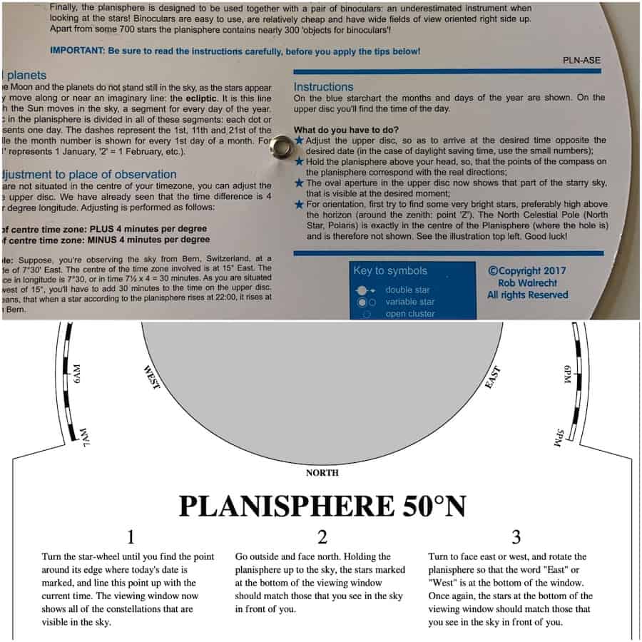Use instructions printed on two different planispheres
